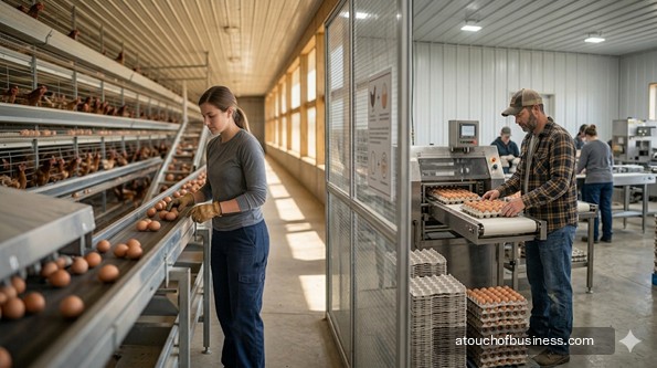 Woman in grey shirt inspecting eggs on conveyor belt.