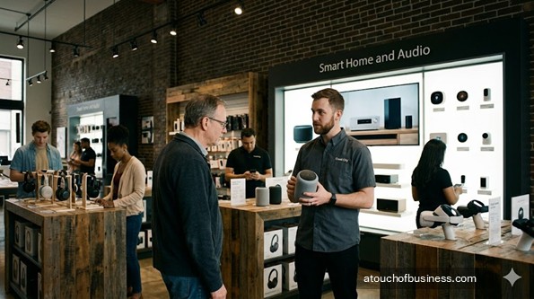 An electronics store associate assists a customer with smart home technology near a wall of speakers.