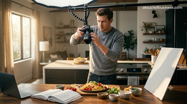A man adjusting an overhead camera setup while cooking pasta for a food blog, natural window light.