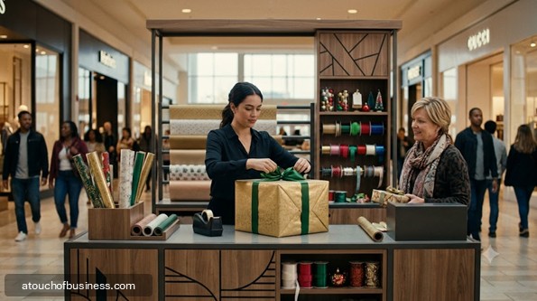 Young woman wraps gift at busy mall kiosk
