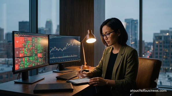 A financial planner working with complex data on multiple monitors in a modern office at dusk.