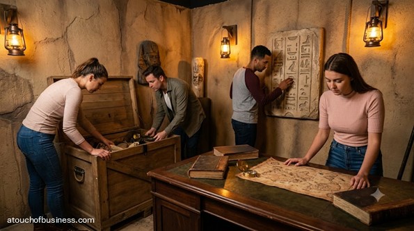 A team searches for artifacts in an adventure-themed escape room.