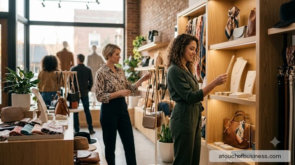 A woman in a stylish boutique browses gold necklaces and jewelry on display.