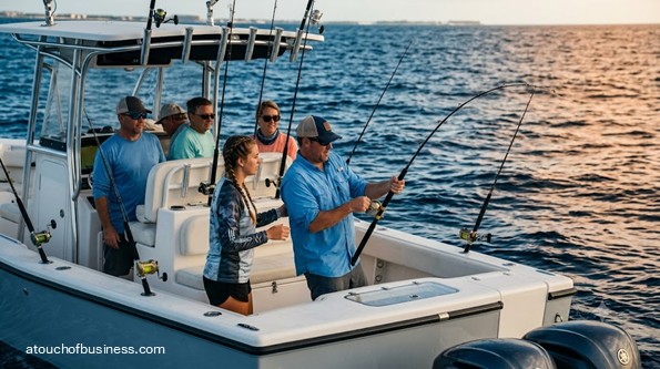 Anglers reeling in large fish on a modern charter boat at sunrise.