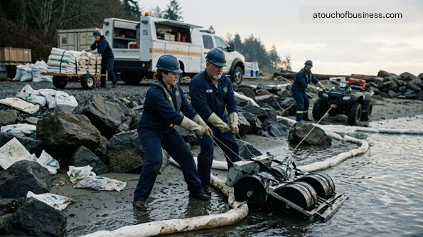 Straining crew pulls heavy skimmer as others rush to deploy material carriers on a rain-soaked beach.