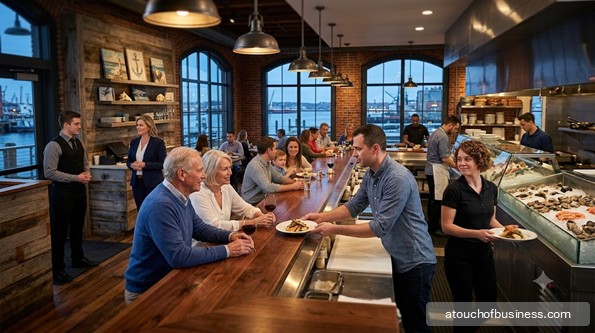Bustling modern seafood restaurant, open kitchen, couple dining at counter, harbor view.