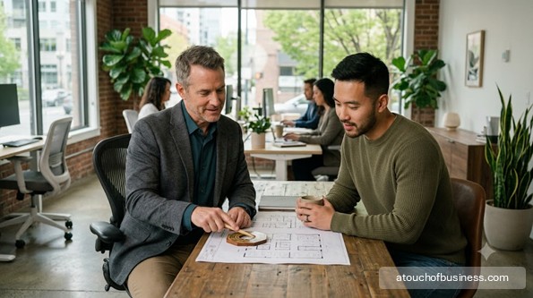 Male Feng Shui consultant reviewing blueprint floor plans with a client in a modern office space.