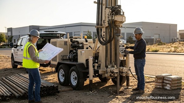 An operator controls a trailer-mounted geothermal rig at a commercial site.