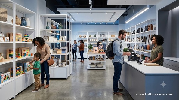 A mother and son explore educational toys in a modern gift store featuring sleek design and a variety of gifts items on display.