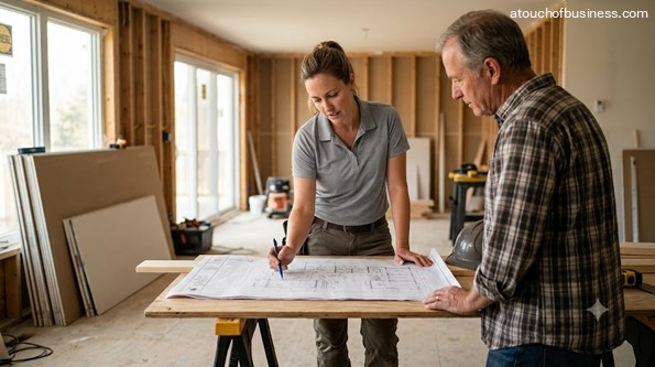 A general contractor discusses blueprints with a client on a residential renovation site.