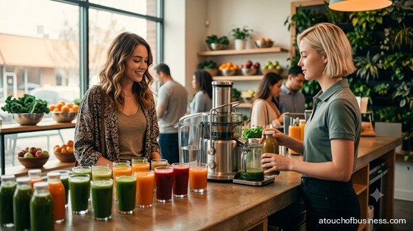 Customer buying a green juice at a bright modern juice bar counter.