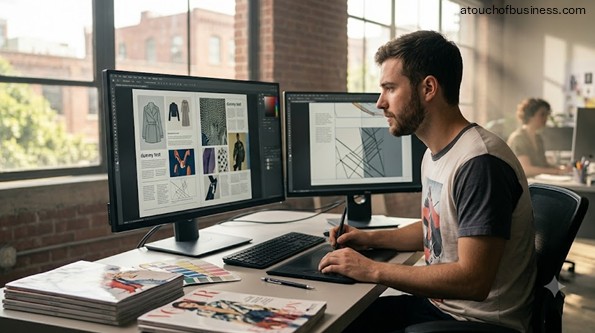 A designer creates a fashion magazine layout in a sunlit studio, working on a complex digital grid.