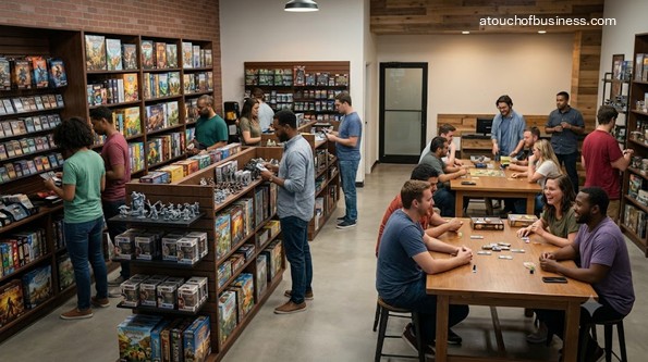 Diverse customers browse and play board games in a warm, busy retail store.