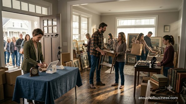Estate sale professionals handling an estate sale in progress.