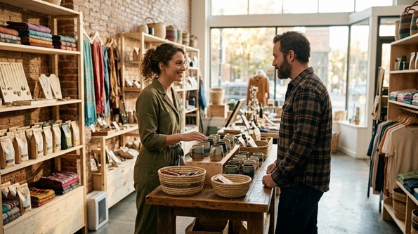 A shop owner helping customer in modern Fair Trade store