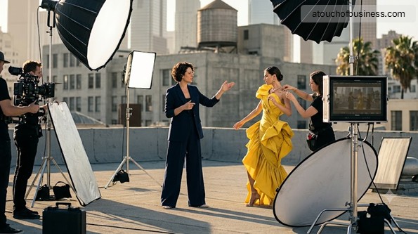A fashion editor directs a rooftop photoshoot in downtown LA, capturing a model in a yellow gown with gear.
