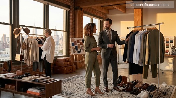 A personal stylist helps a client review a detailed clothing rack in a well-equipped, bustling sunlit NYC loft at sunset.