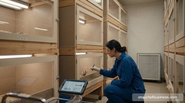 Staff in clean coveralls checks data and enclosures in modern ferret breeding room.