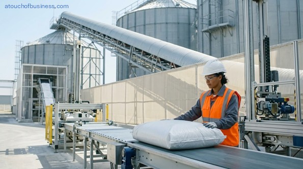 An operator supervising an automated fertilizer bagging and granulation line.