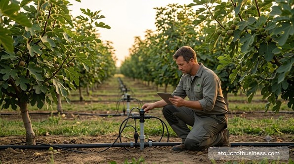 A modern American farmer manages precise drip irrigation for a new high-density fig orchard.