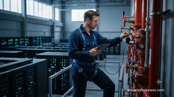 A technician inspects a massive red fire suppression system inside a modern datacenter.