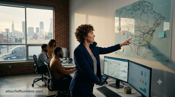 A freight broker on the phone points to a large logistical map in a modern office.