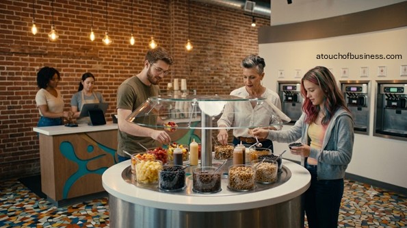 People customize their frozen yogurt with toppings from a circular bar in a bustling shop.