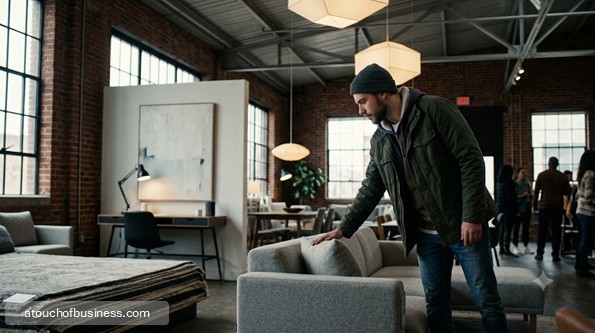 Male customer with beard examines modern sofa in large industrial loft furniture showroom.