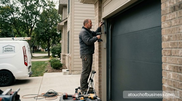 A technician installs a new modern garage door on a brick suburban home.