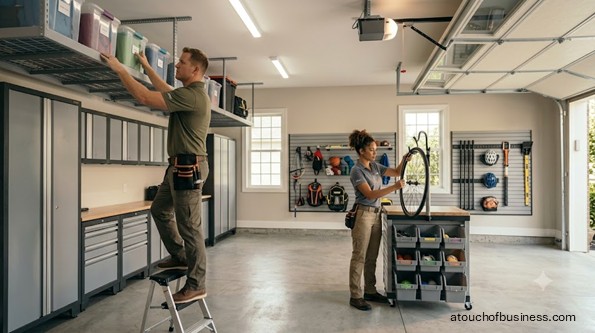 A garage organization team sorts items into dynamic, labeled overhead bins and optimizes a slatwall system.