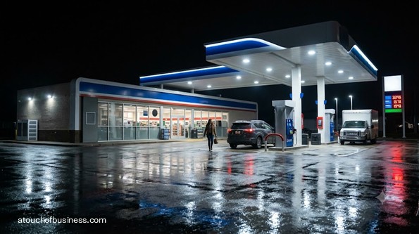A woman walks from a convenience store to her vehicle at a brightly lit gas station at night.
