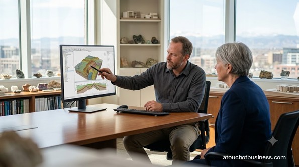 A geologist discusses complex data visualization on a monitor with a client in an office.