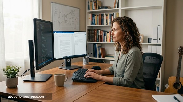 Woman writing at a desk in an organized home office.