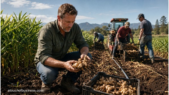 Workers harvesting fresh ginger roots on a modern farm field with crates and equipment.