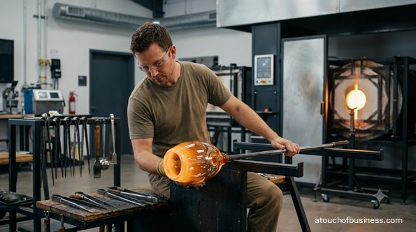 Male glassblower in safety glasses shapes molten glass at a workbench in a modern, organized workshop.