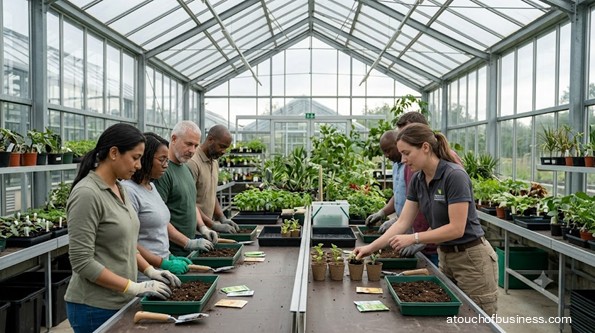 An instructor demonstrates seedling planting to distinct adult students in a modern glass greenhouse learning center.