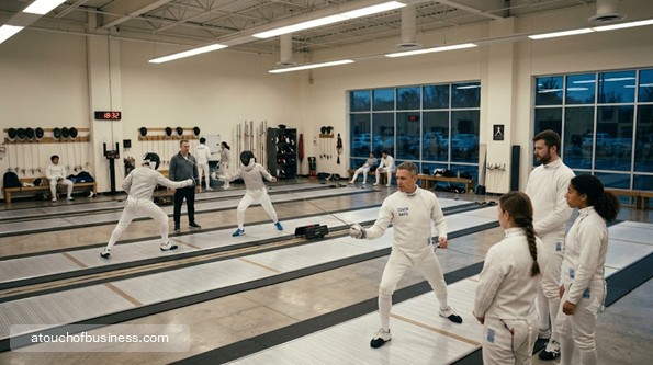A group of diverse fencers practicing drills at an active fencing club under overhead lights.