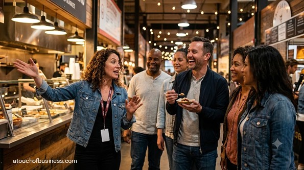 A diverse group enjoys a food tour in a bustling city market.