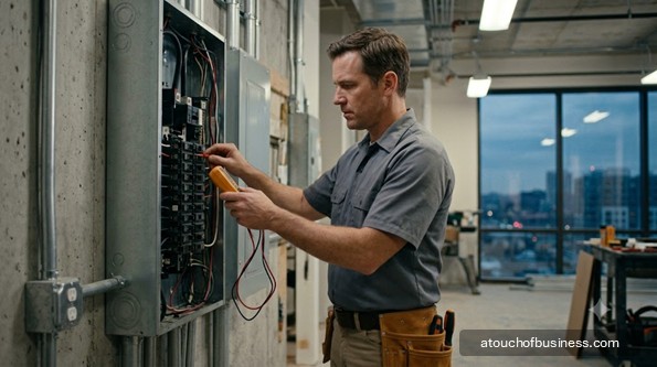 Male electrician in work shirt installing wires in industrial electrical panel with city view at dusk.
