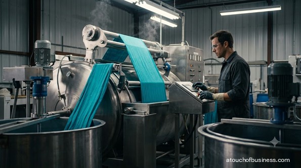 A male technician monitors vibrant fabric cycling through a large stainless steel jet dyeing machine in a modern facility.