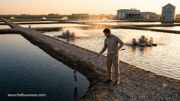 A field technician at the edge of a massive, sunset outdoor fish farm pond operation.