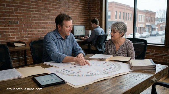 A genealogist and client review a large printed fan-shaped chart in a local brick-walled office.