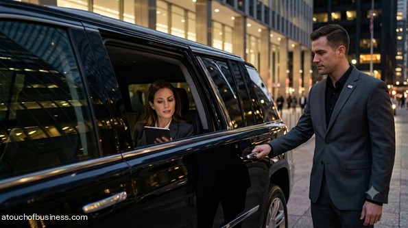 A professional chauffeur, in a dark suit, holds a car door open for a female passenger at night in a modern city.