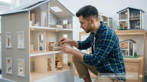 A craftsman carefully assembling a modern miniature sofa inside a completed, detailed dollhouse townhouse display.