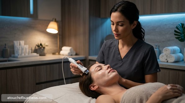 A client receives a modern facial treatment in a dimly lit, high-end spa room.