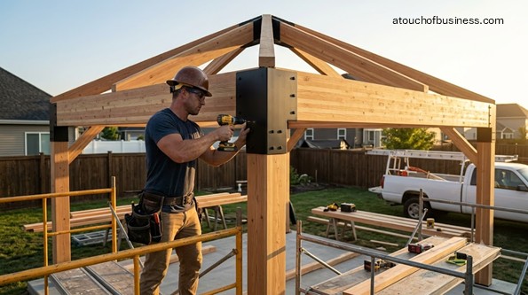 Construction worker secures post for a large modern wooden gazebo during building.