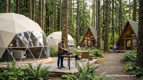 A guest prepares a meal on a patio outside his modern geodesic dome cabin in a lush Pacific Northwest forest.