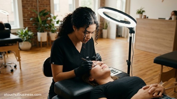 A lash technician applies eyelash extensions to a client lying down in a modern salon.