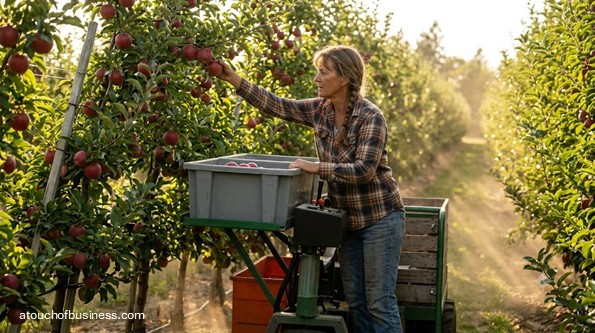 A worker on a picking platform in a modern trellis apple orchard, harvesting red fruit at golden hour.