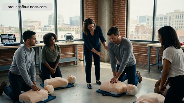 Trainees practice CPR on a mannequin in a sunlit modern training room.
